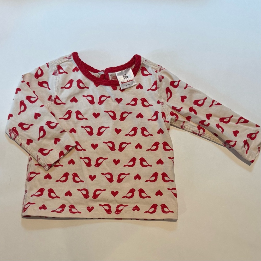 Hanna Andersson Red and White Love Bird Pattern Long Sleeve Tee, 3-6 mo